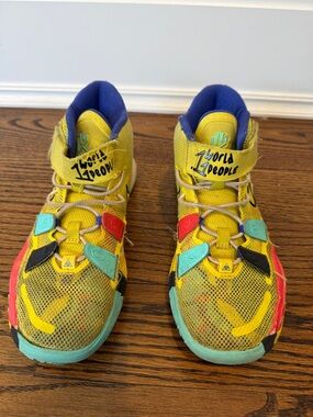 Nike Kyrie 7 Kids Yellow Multi-Color Sneakers with Teal & Red Accents